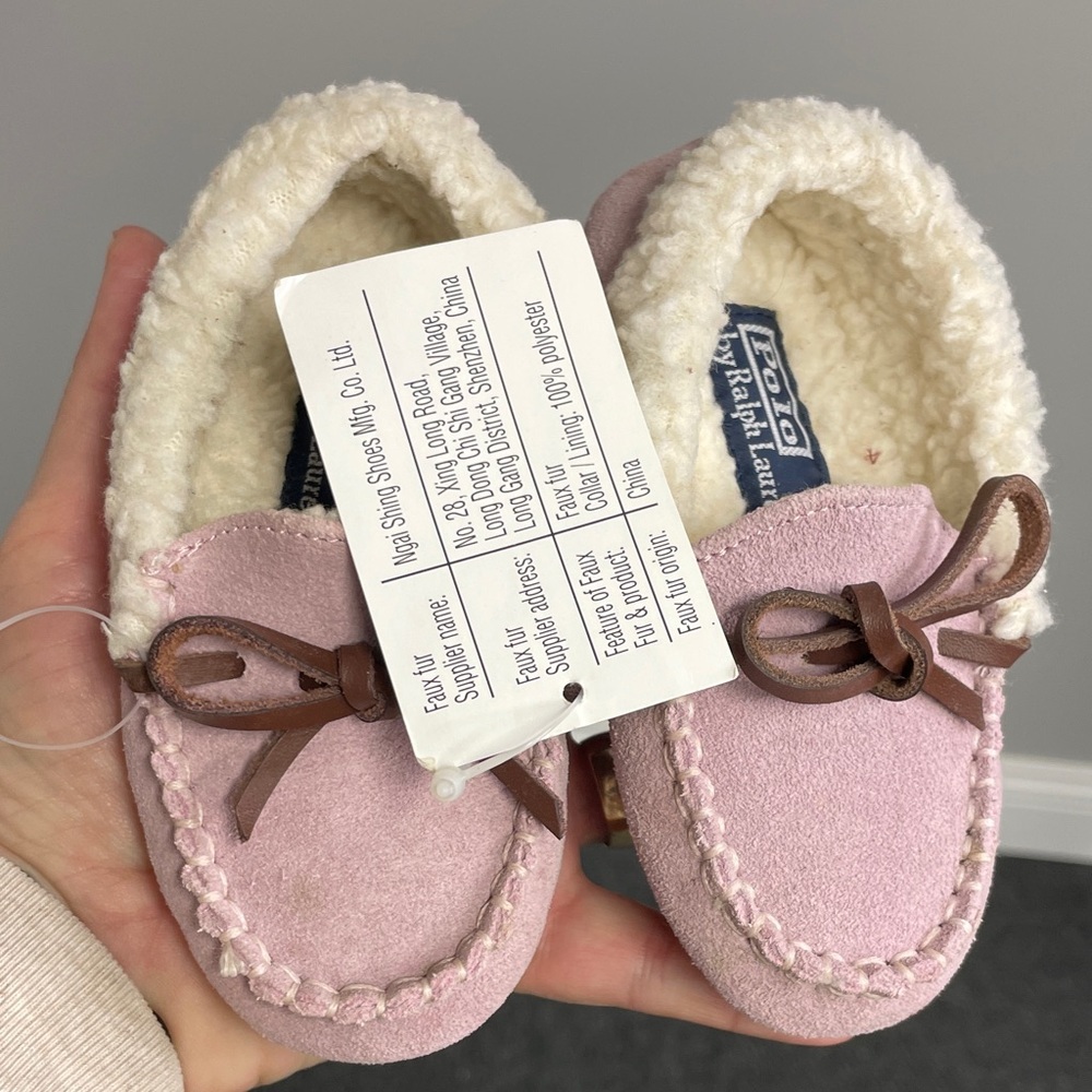 Polo Ralph Lauren Pink Baby Moccasins Slippers NWOT Size 5 girl sherpa suede